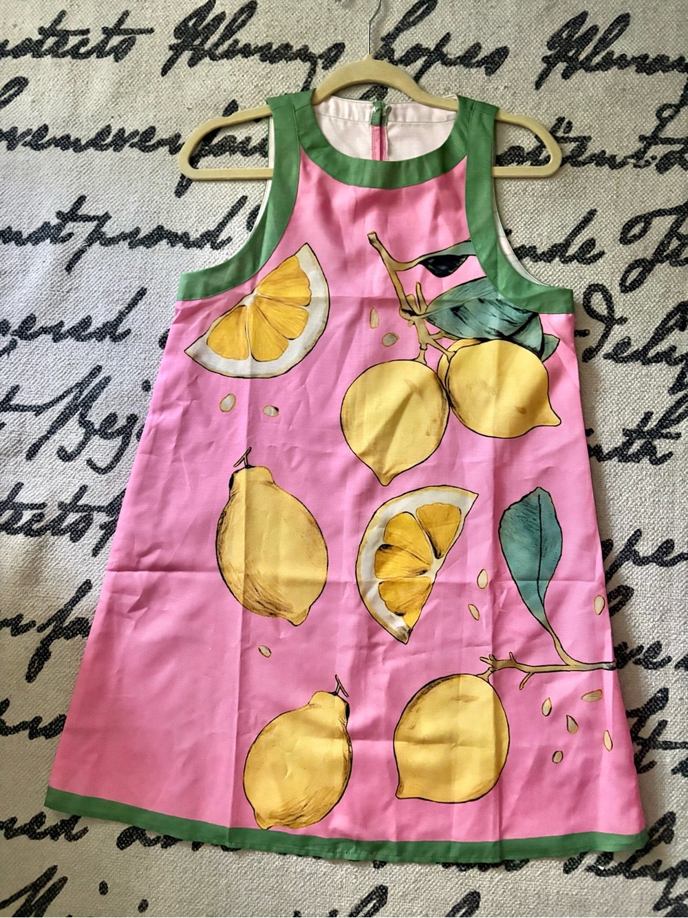 Sleeveless Pink Lemon Print Mini Dress with Green Trim